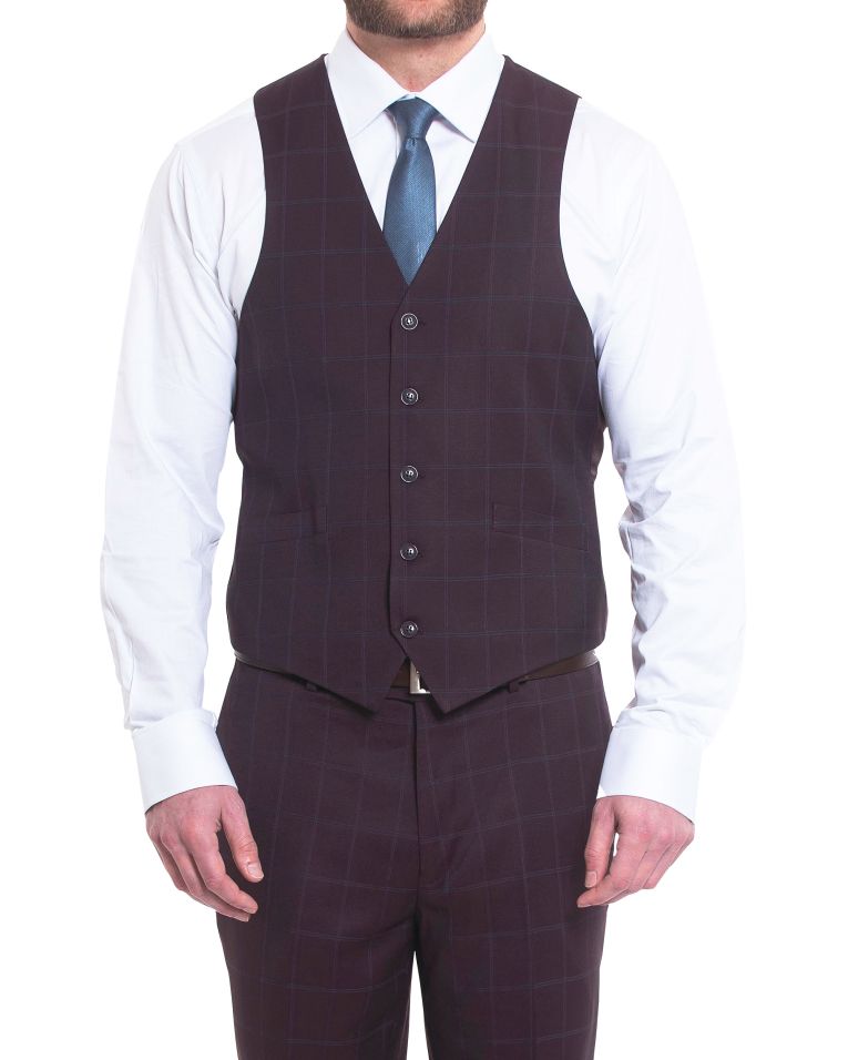 Hollywood Suit Burgundy Modern Fit Windownpane Vested Suit 