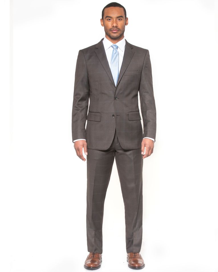 Hollywood Suit Brown Stretch Modern Fit Windowpane Power Suit 