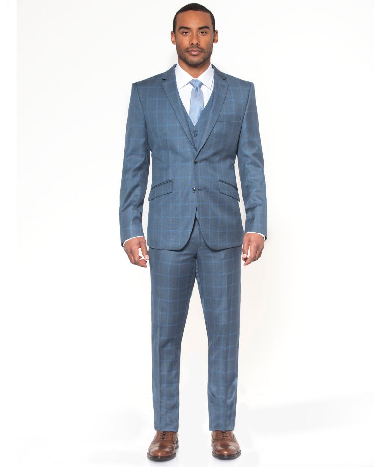 Hollywood Suit Stone Blue Slim Fit Windowpane Power Suit 