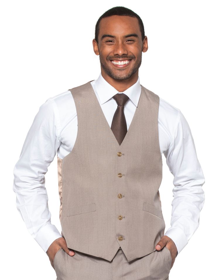 Hollywood Suit Vested 3pc Taupe Modern Fit Windowpane Suit 