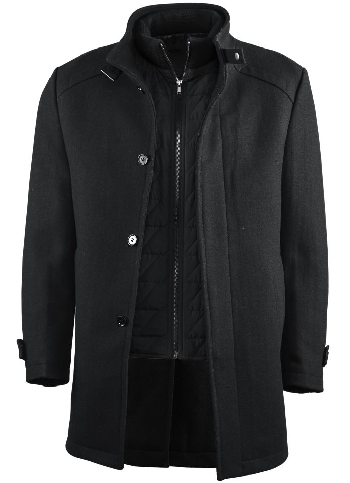 Cosani Sport Black Stand Collar Wool Overcoat w/ Detachable Quitled Vest