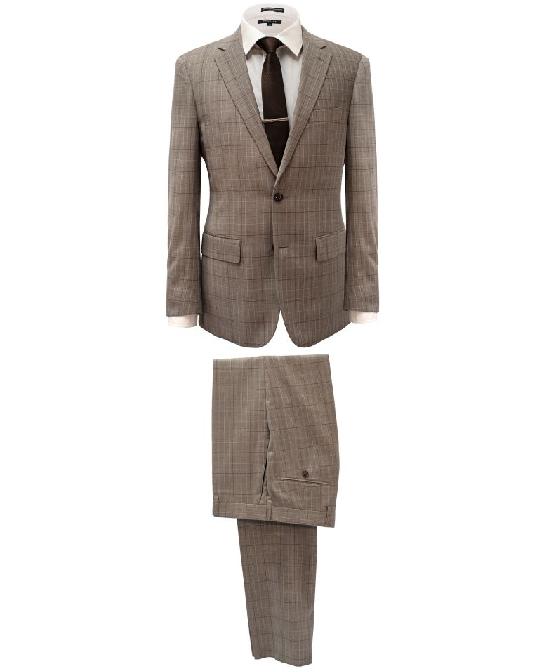 Hollywood Suit Tan Plaid Windowpane Modern Fit Suit 
