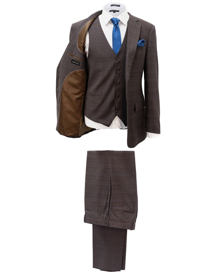 Hollywood Suit Brown Vested Blue Windowpane Modern Fit Suit 