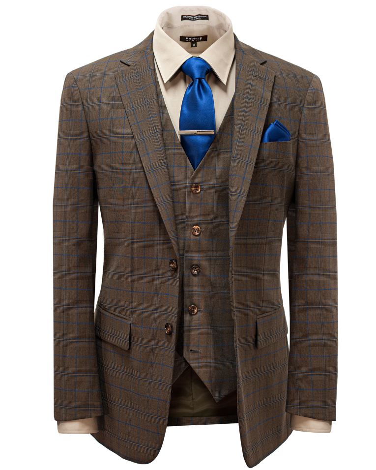 Hollywood Suit Brown Modern Fit Vested Windowpane Suit