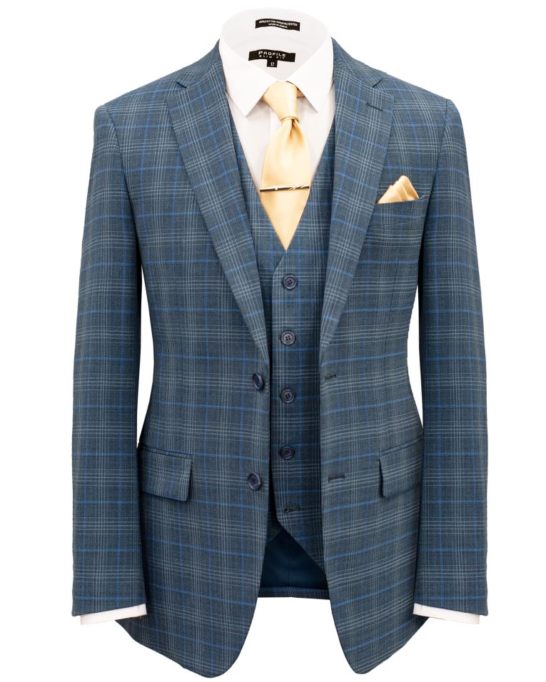 Hollywood Suit Blue Tartan Modern Fit Vested Suit