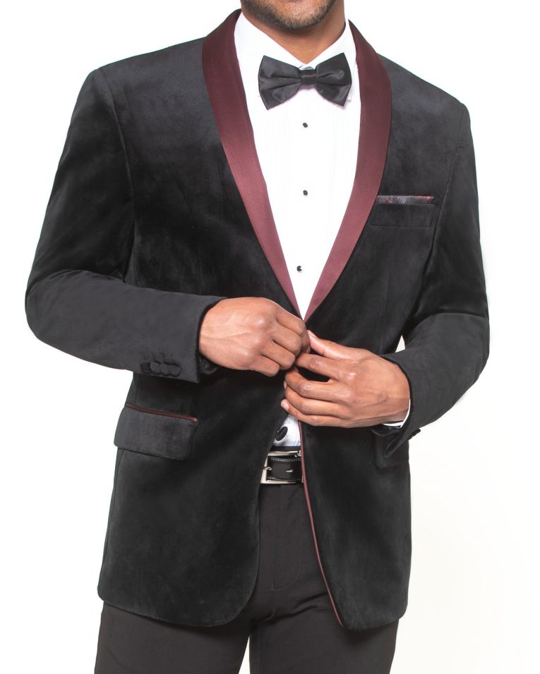 Hollywood Suit Men's Modern Fit Black With Burgundy Shawl Lapel Velvet Blazer