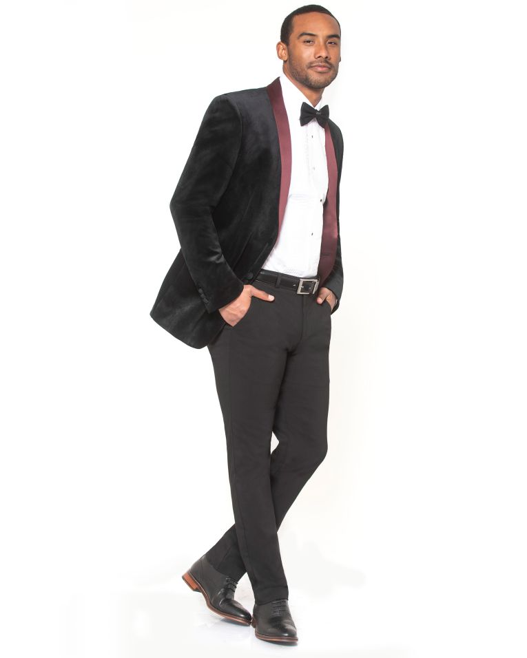 Hollywood Suit Men's Modern Fit Black With Burgundy Shawl Lapel Velvet Blazer 