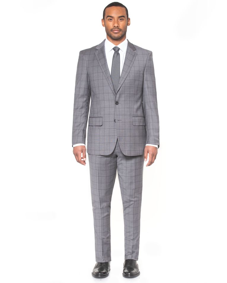 Hollywood Suits Grey Stretch Modern Fit Windowpane Power Suit 
