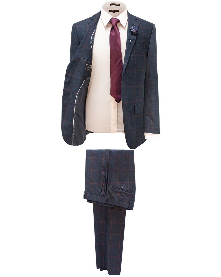 Hollywood Suit Burgundy Plaid Windowpane Modern Fit Navy Suit 