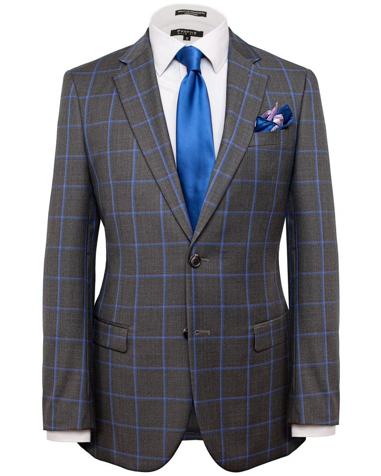 Hollywood Suit Charcoal & Blue Windowpane Tailored Fit Wool Suit