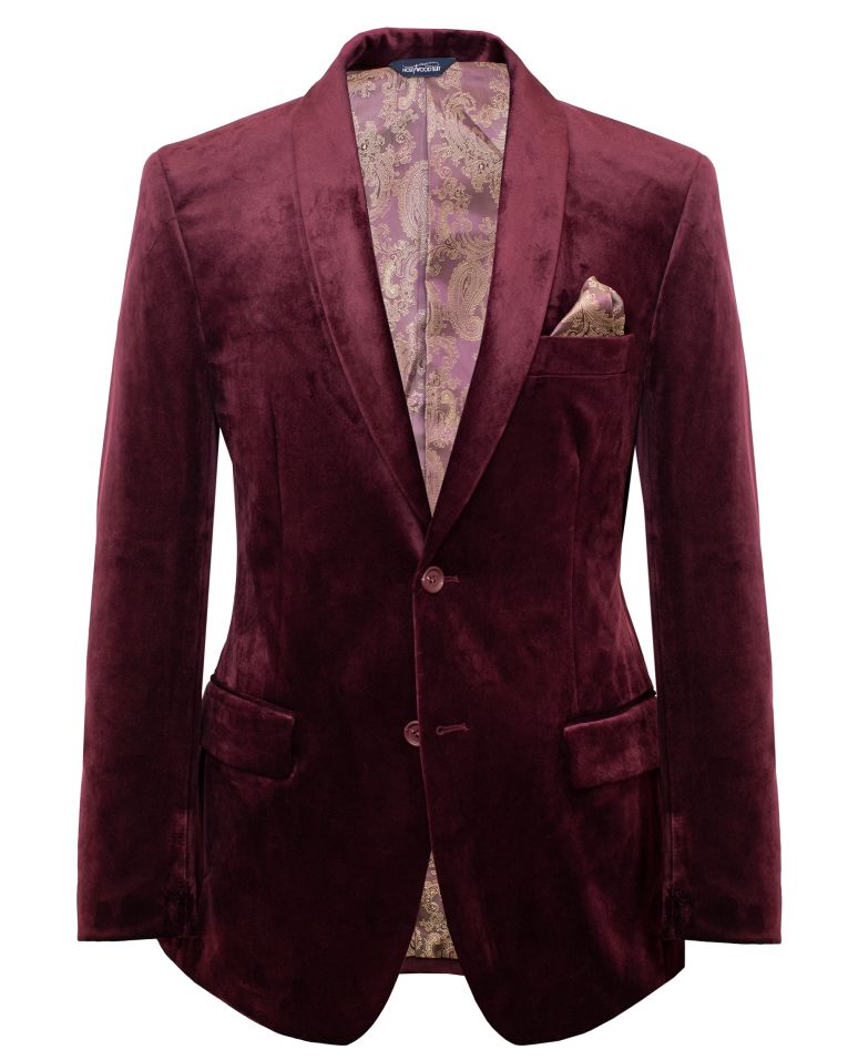 Hollywood Suit Burgundy Shawl Lapel Faux Velvet Dinner Jacket