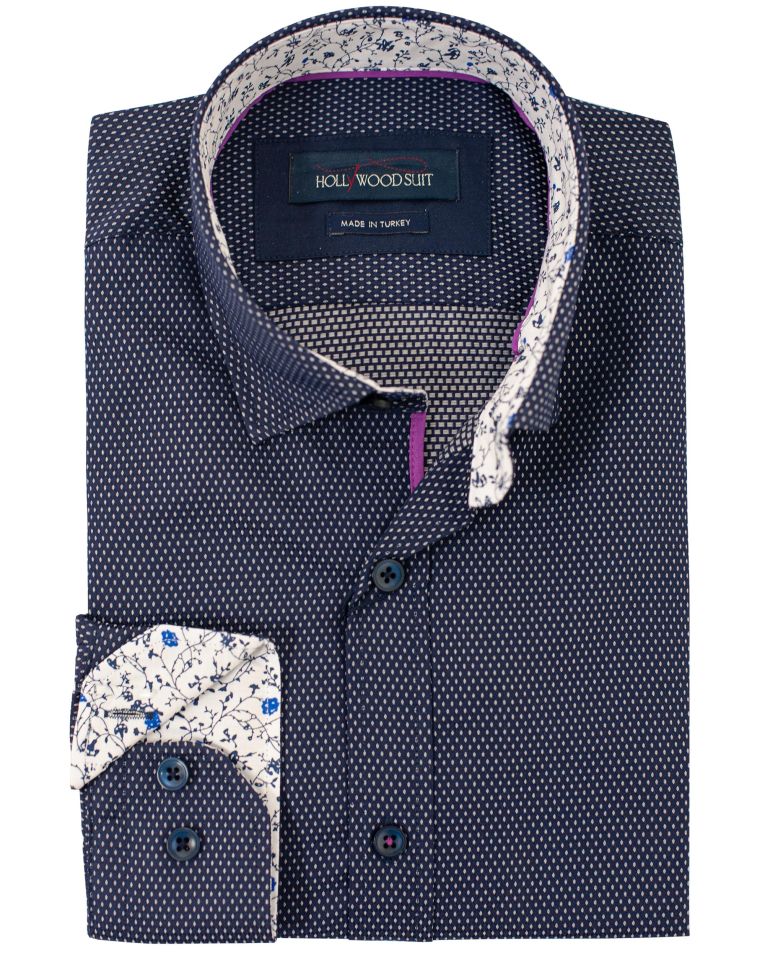 Hollywood Suit Navy Textured Polka Dot Long Sleeve Floral Accent Sport Shirt