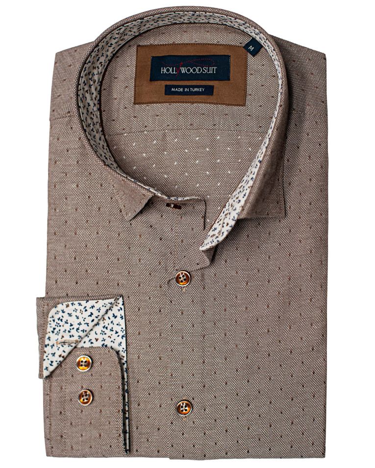 Hollywood Suit Brown Dotted Textured Long Sleeve Floral Cuff Contrast Sport Shirt