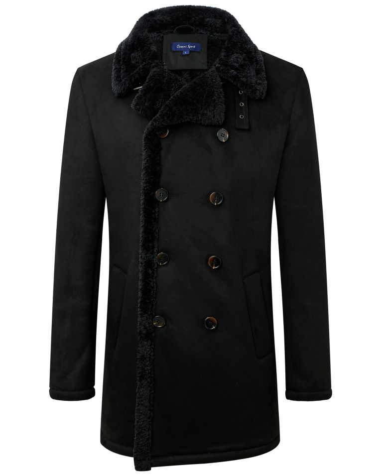 Cosani Sport Black Faux Microsuede Double-Breasted Topcoat