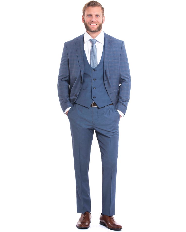 Salvatore Lorente Slim Fit Blue Windowpane Plaid Wool Vested Suit