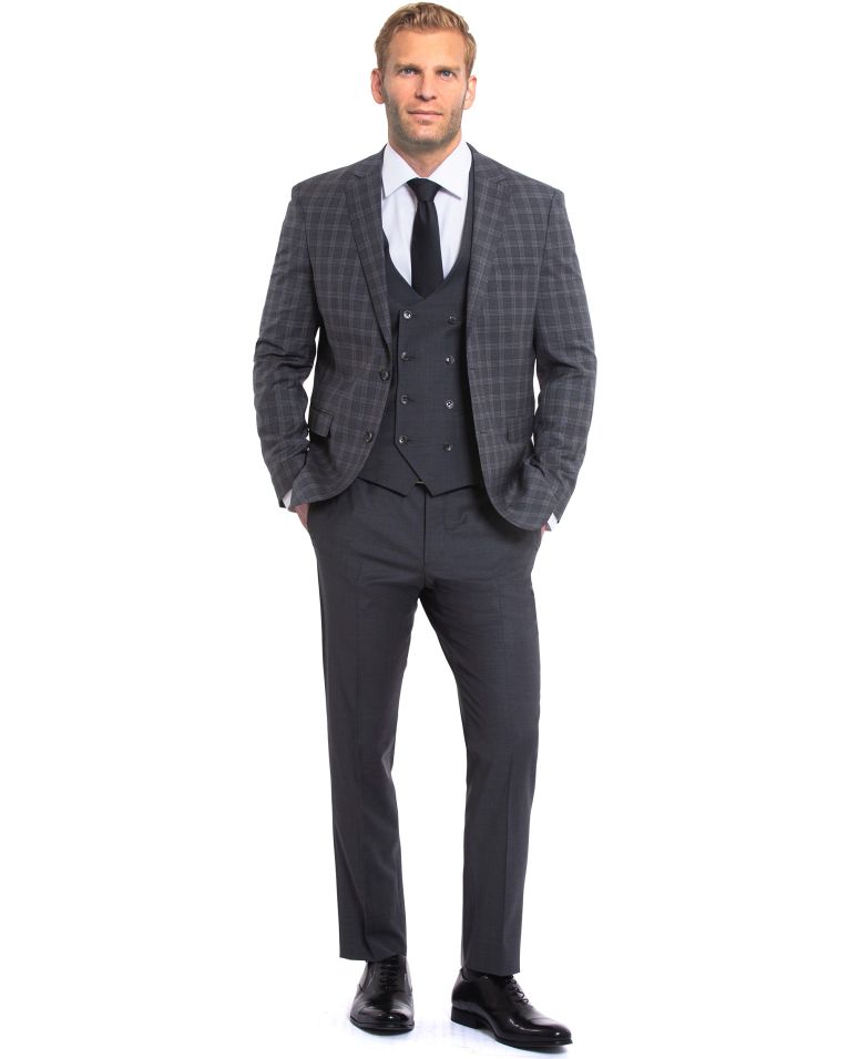 Salvatore Lorente Charcoal Windowpane Plaid Slim Fit Vested Wool Suit