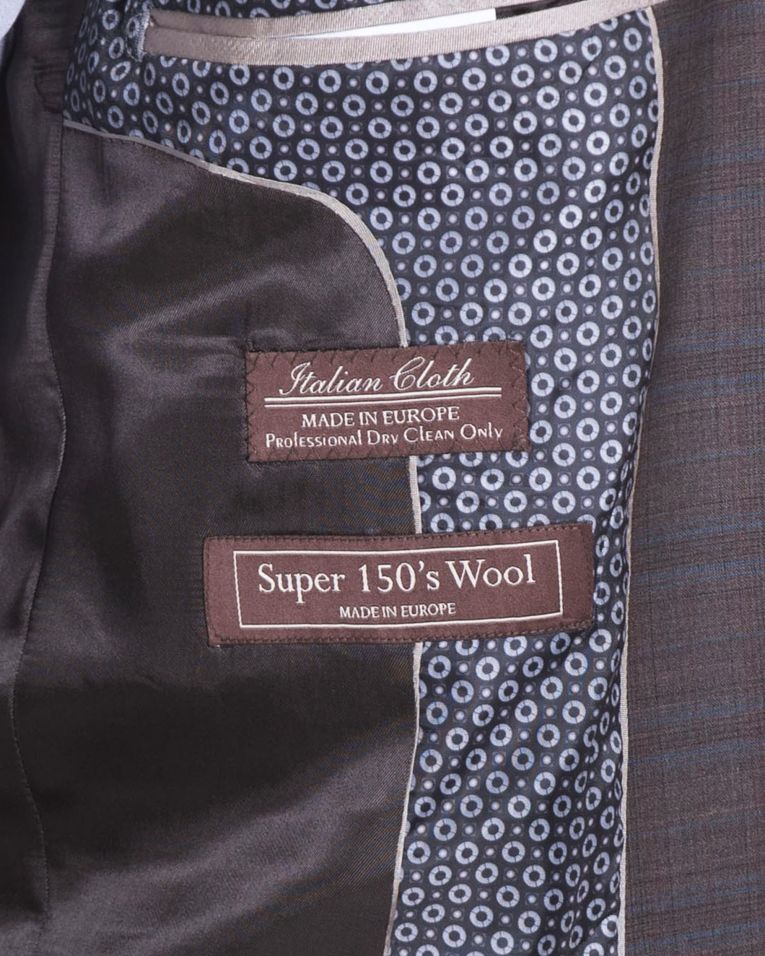 Salvatore Lorente Dark Taupe Windowpane Plaid Jacket and Solid Pant Slim Fit Wool Suit