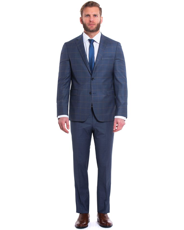 Salvatore Lorente Blue Windowpane Modern Slim Fit Wool Suit