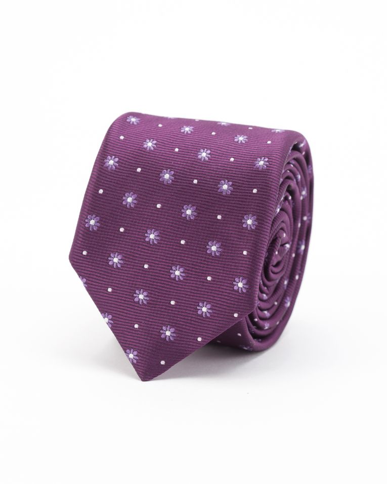 Hollywood Suit Purple Mini Embroidered Daisy Polka Dot Skinny Tie