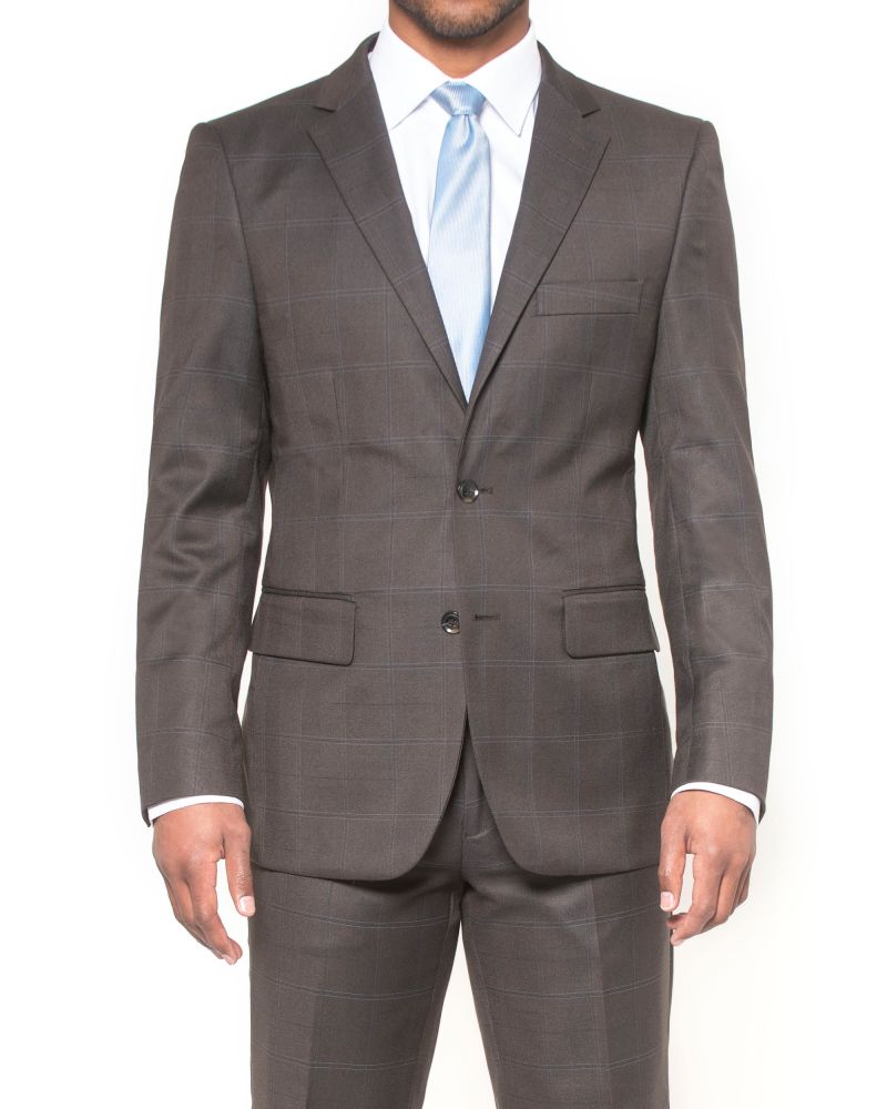 Hollywood Suit Brown Stretch Modern Fit Windowpane Power Suit