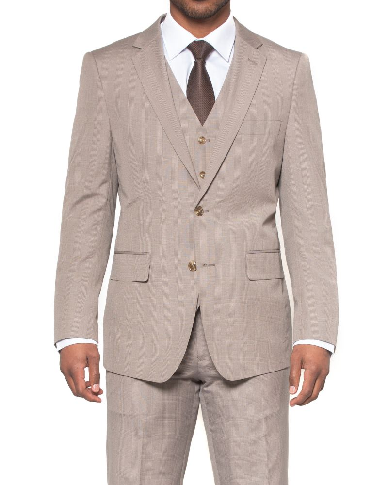 Hollywood Suit Vested 3pc Taupe Modern Fit Windowpane Suit