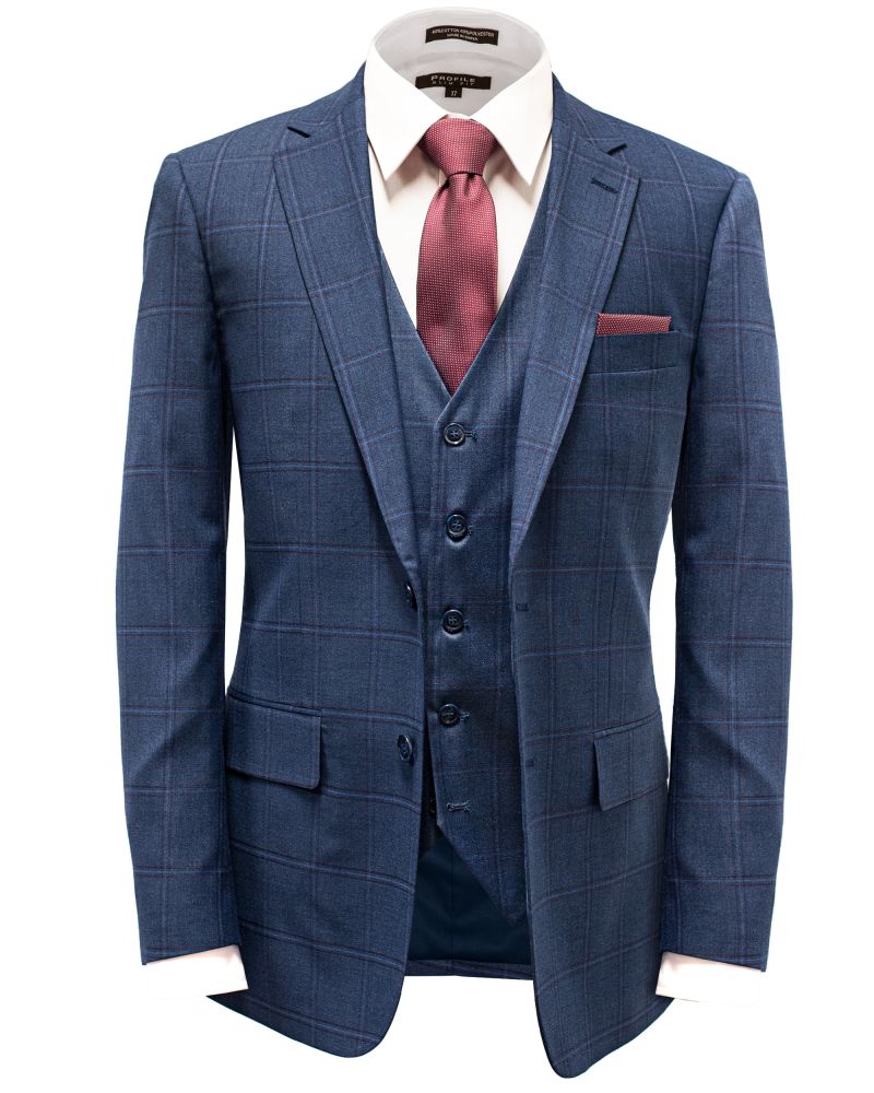 Hollywood Suit Blue Vested Burgundy Windowpane Modern Fit Suit