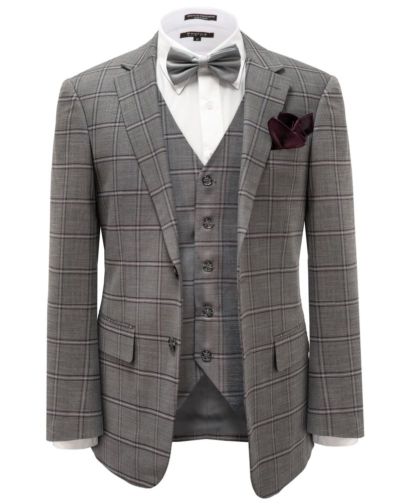 Hollywood Suit Grey Vested Purple Windowpane Modern Fit Suit