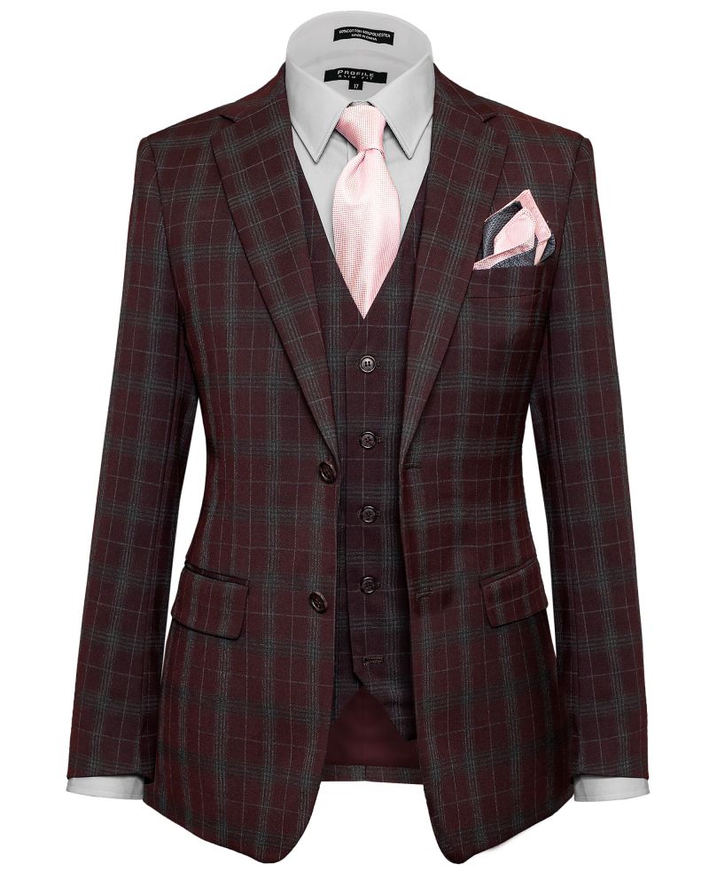Hollywood Suit Burgundy Tartan Modern Fit Vested Suit