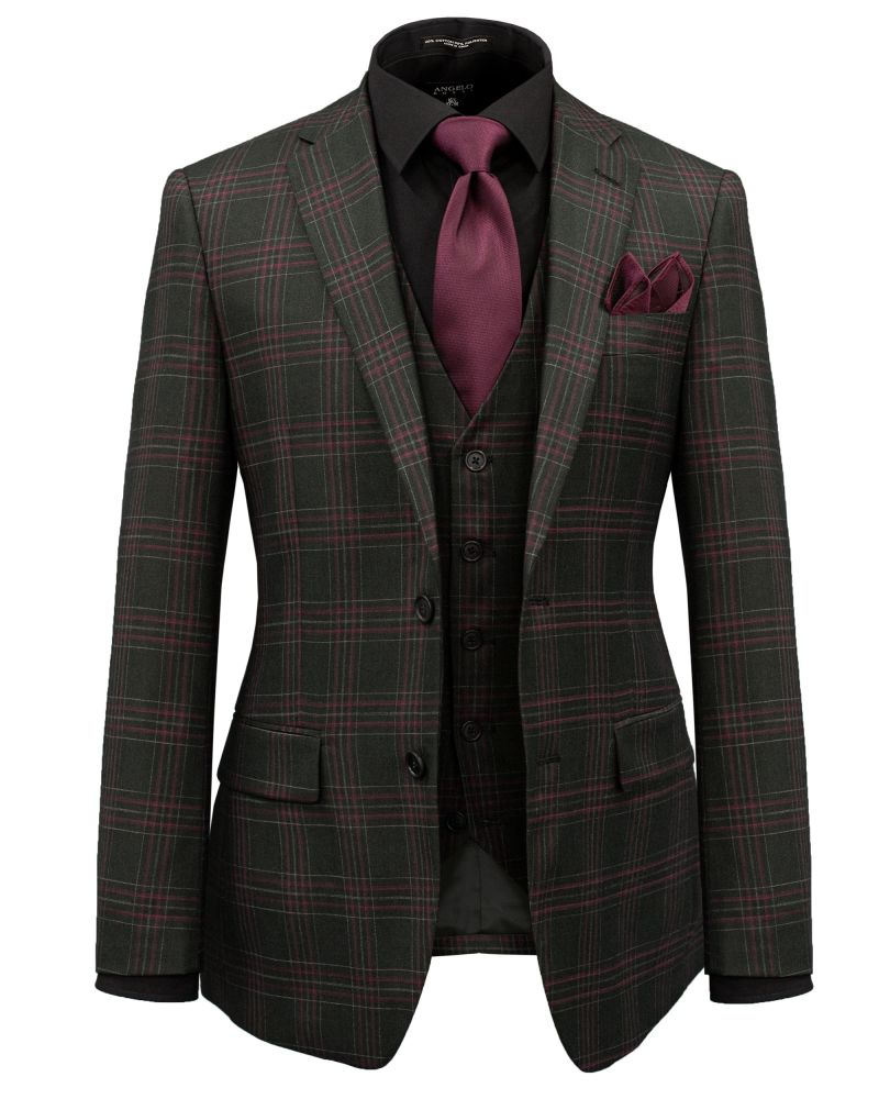 Hollywood Suit Charcoal & Burgundy Windowpane Modern Fit Vested Suit