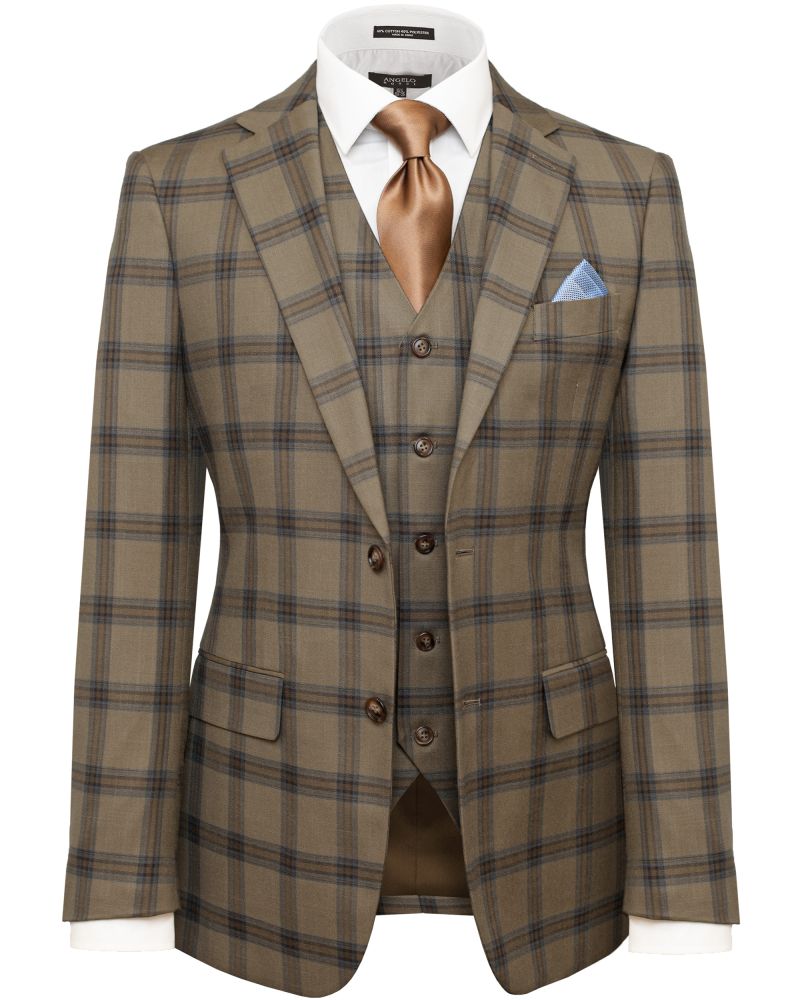 Hollywood Suit Light Brown & Blue Windowplaid Modern Fit Vested Suit