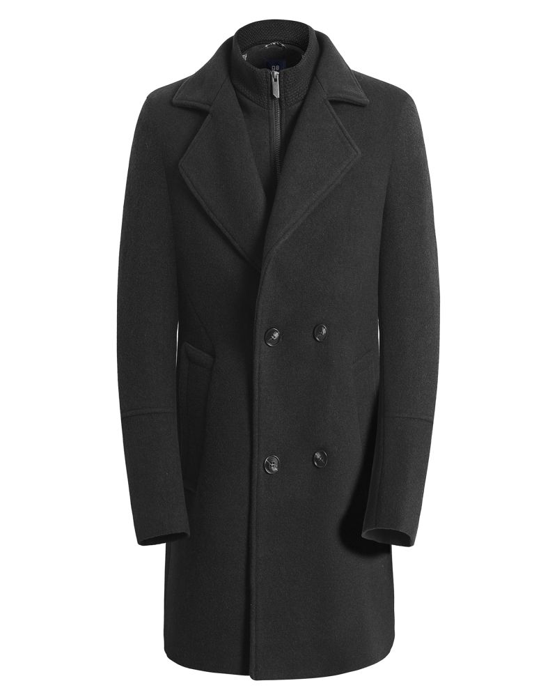 George Austin Black Slim Fit Wool Blend Double-Breasted Topcoat with Detachable Bib