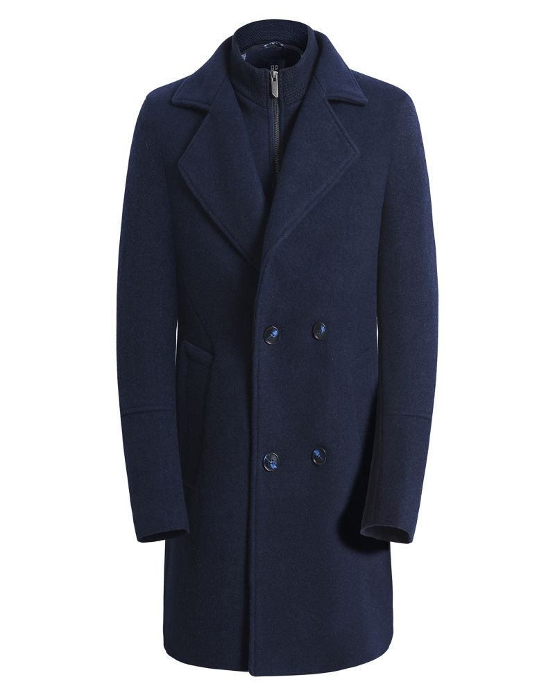 George Austin Navy Slim Fit Wool Blend Double-Breasted Topcoat with Detachable Bib