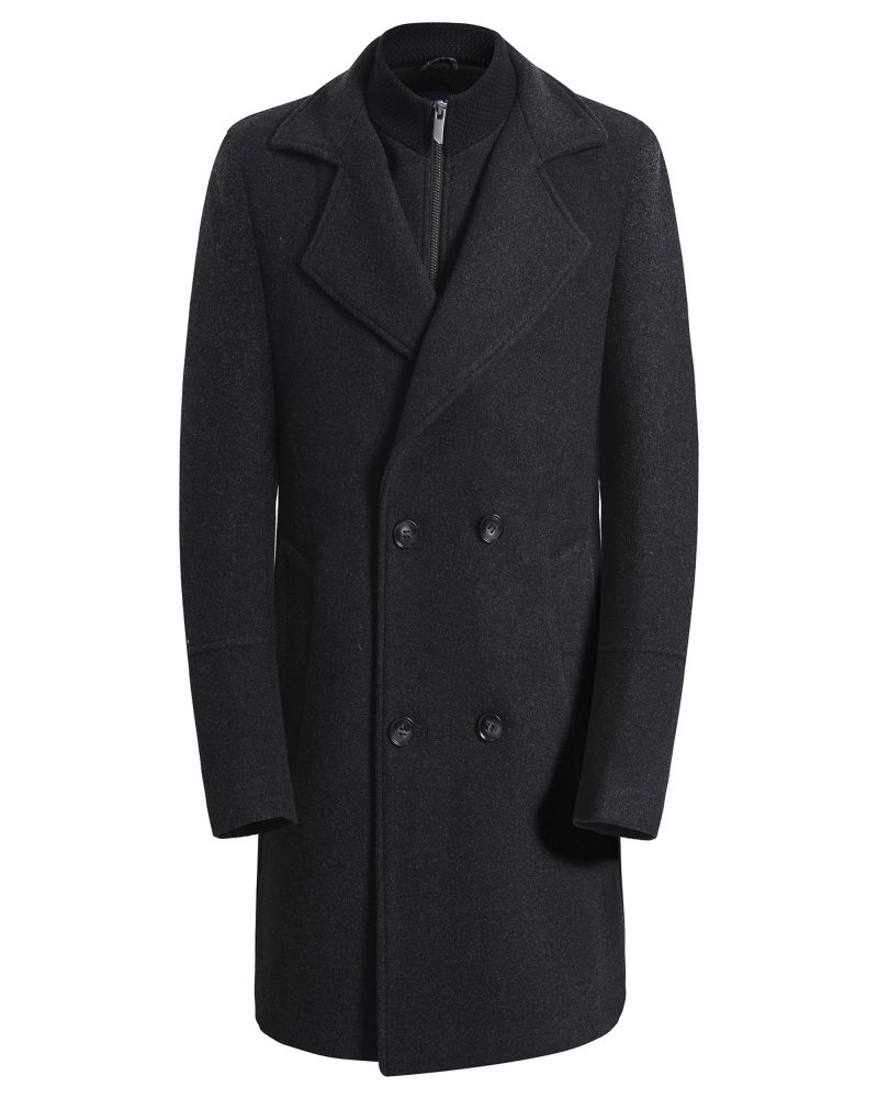 George Austin Charcoal Slim Fit Wool Blend Double-Breasted Topcoat with Detachable Bib