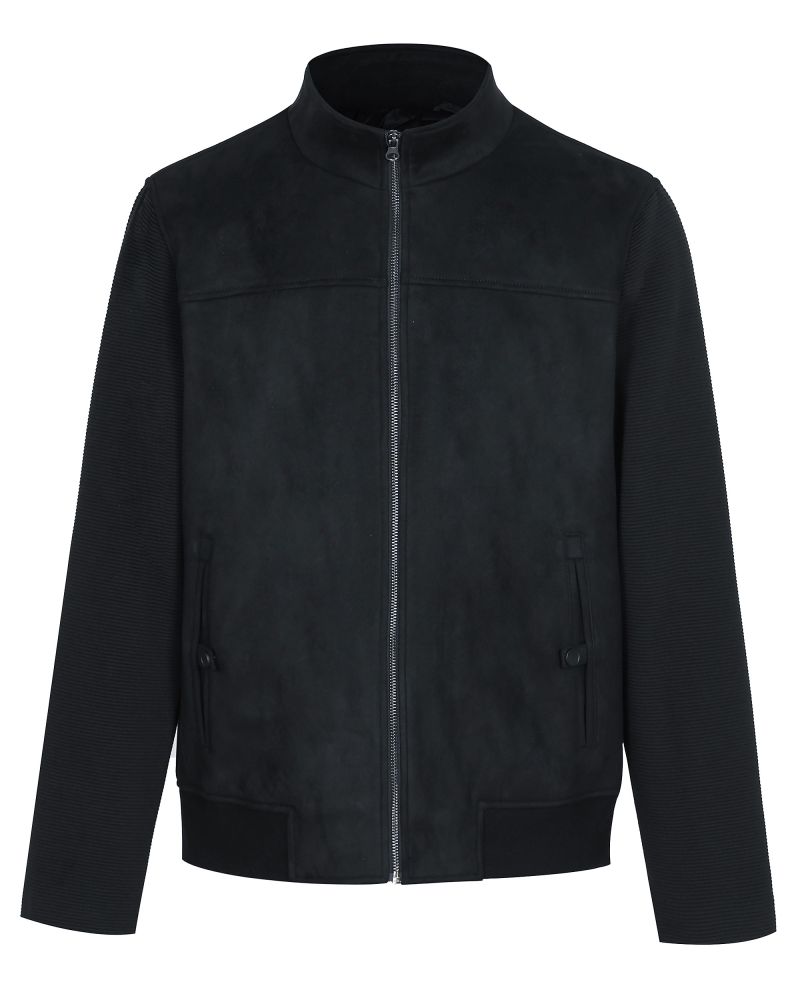 Cosani Sport Black Faux Suede Ribbed Sleeve Bomber Jacket