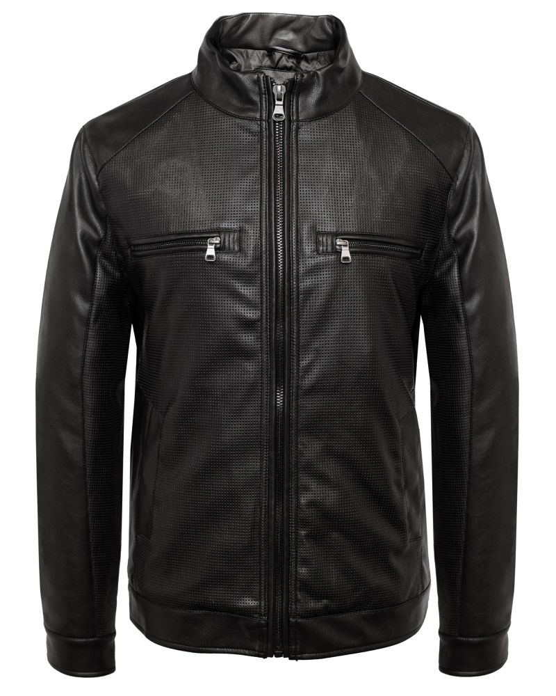 Cosani Sport Black Faux Leather Dotted Bomber Jacket