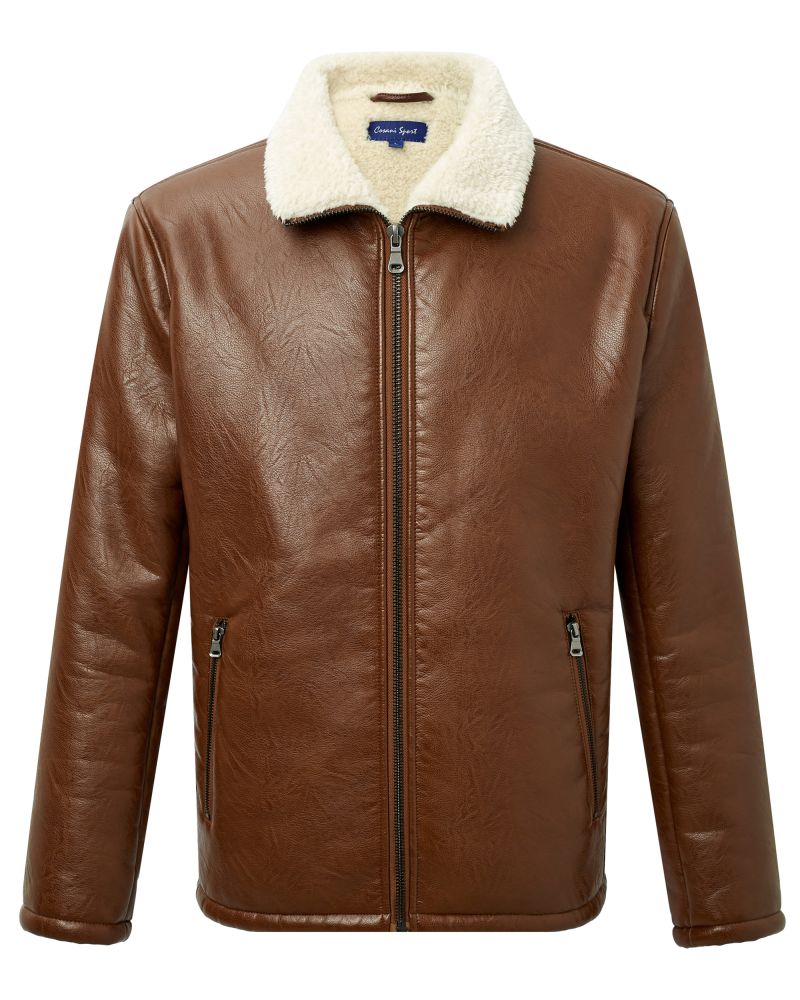 Cosani Sport Camel Faux Leather Shearling Lined Aviator Jacket