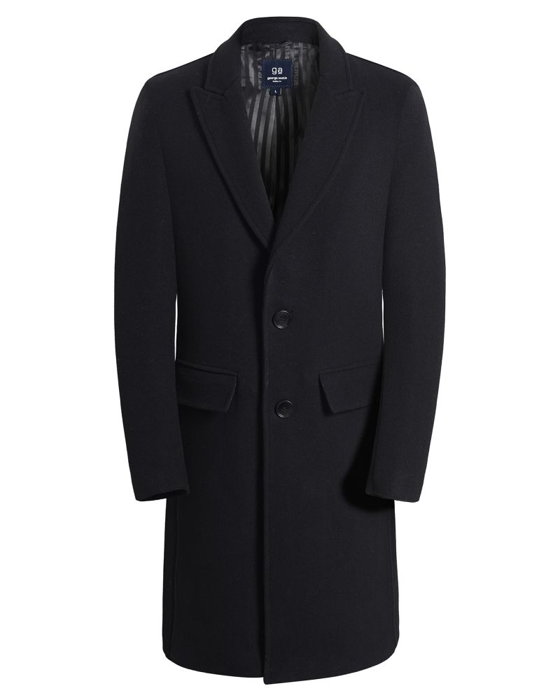 George Austin Black Wool Blend Wide Peak Lapel Modern Fit Overcoat