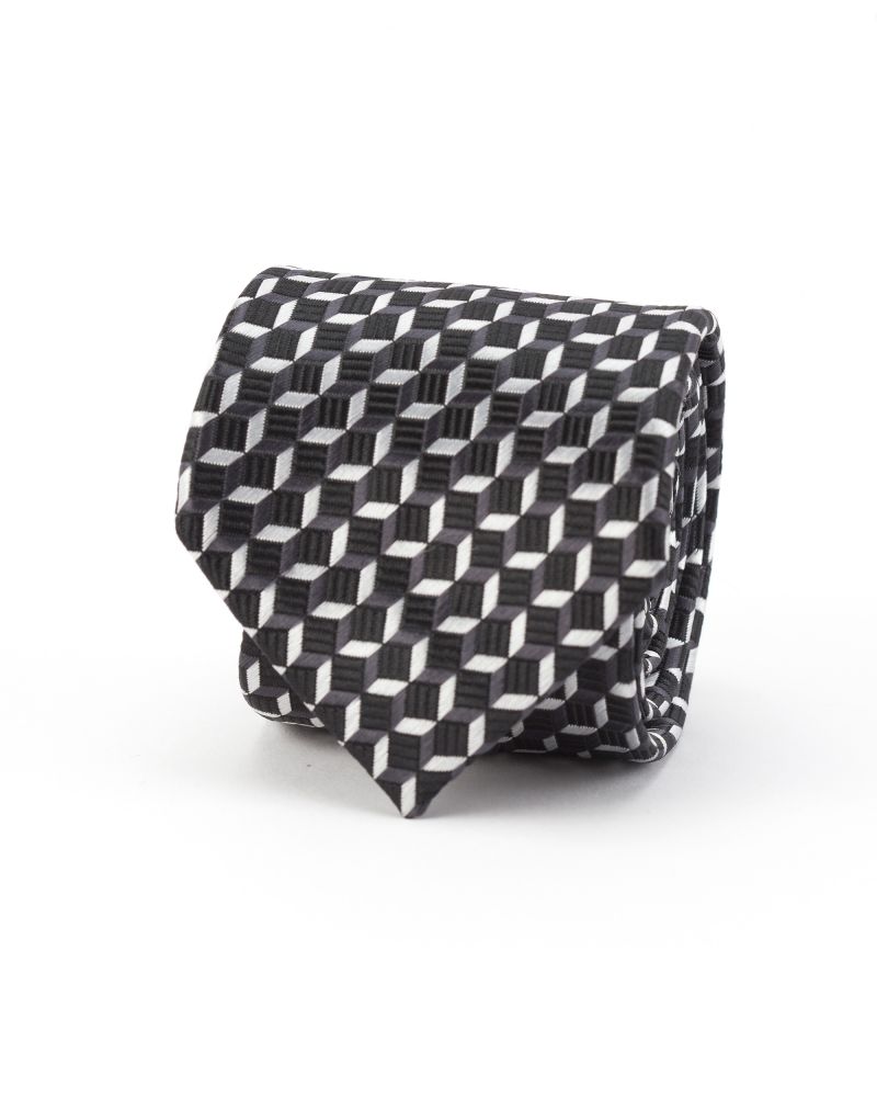 Hollywood Suit Black Geometric 3D Stacked Cube Pattern Tie