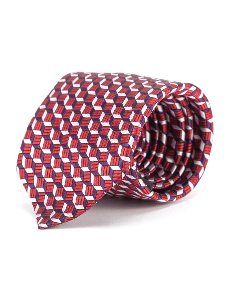 Hollywood Suit Burgundy Geometric 3D Stacked Cube Pattern Tie