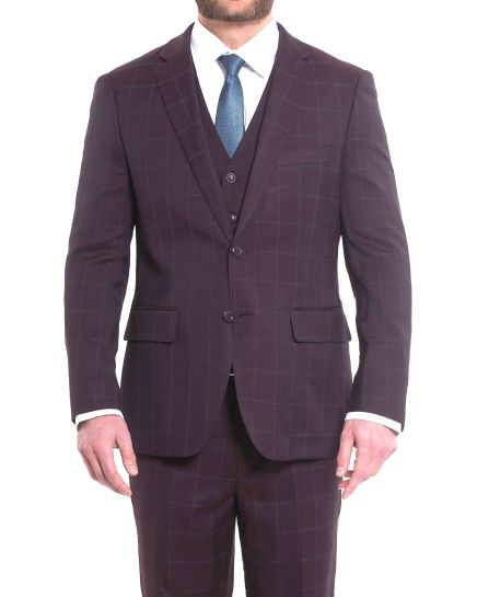 Hollywood Suit Burgundy Modern Fit Windownpane Vested Suit