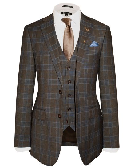 Hollywood Suit Brown & Blue Windowpane Modern Fit Vested Suit