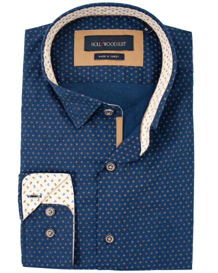 Hollywood Suit Navy Multi Colored Dot & Diamond Geometric Print Long Sleeve Geometric Accent Sport Shirt