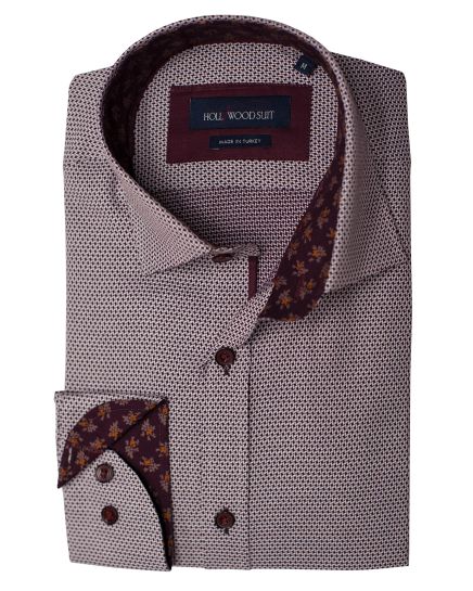 Hollywood Suit Burgundy Mini Diamond WindowpaneTextured Long Sleeve Floral Cuff Contrast Sport Shirt