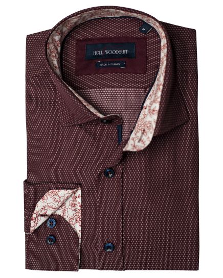 Hollywood Suit Burgundy Micro Diamond Polka Dot Textured Long Sleeve Floral Cuff Contrast Sport Shirt