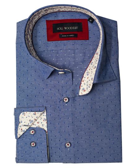 Hollywood Suit Blue Dotted Textured Long Sleeve Floral Cuff Contrast Sport Shirt