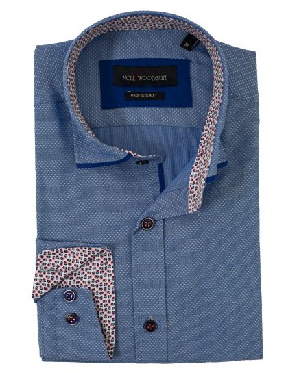 Hollywood Suit Blue Micro Polka Dot Textured Long Sleeve Geometric Cuff Contrast Sport Shirt