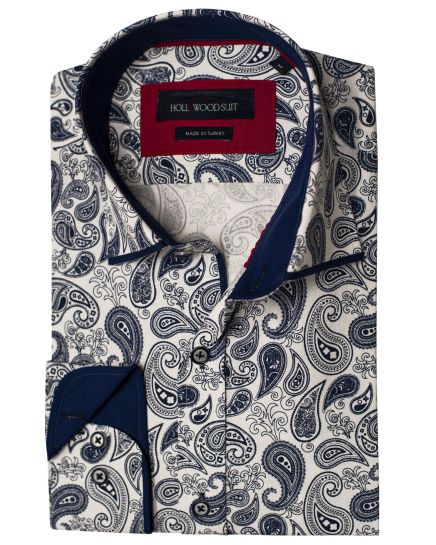 Hollywood Suit Navy Paisley Print Long Sleeve Navy Cuff Contrast White Sport Shirt